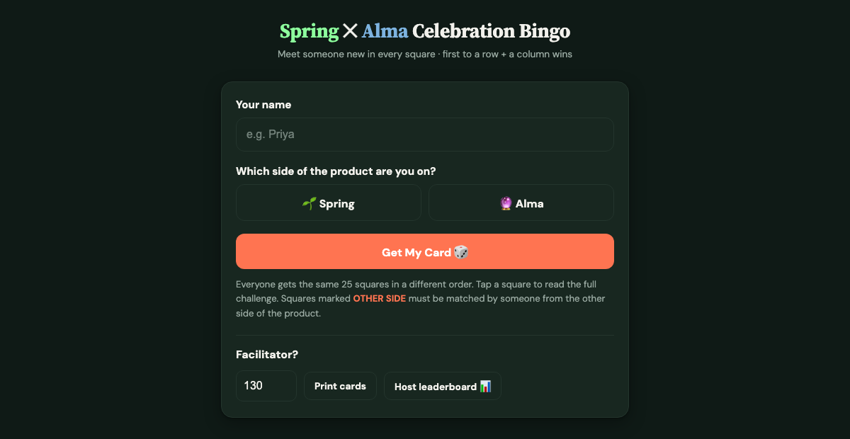 Spring x Alma Celebration Bingo welcome screen