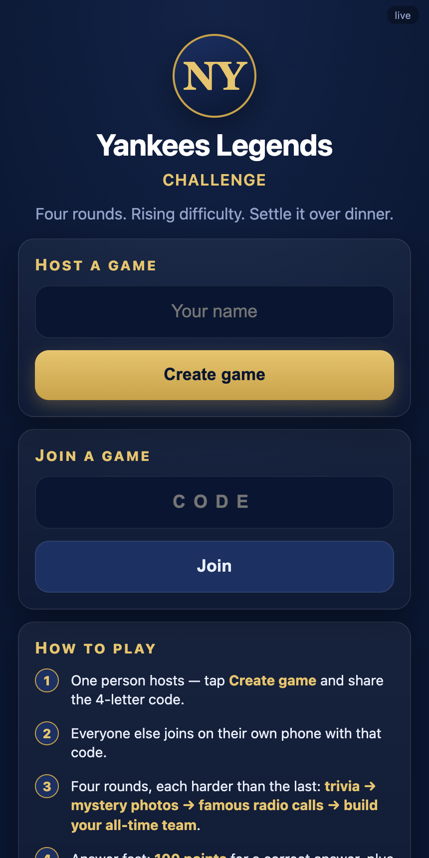 Yankees Legends Challenge home screen